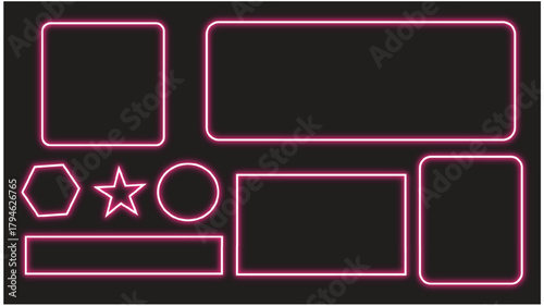 Set of Neon Pink Geometric basic Shapes on Black background 