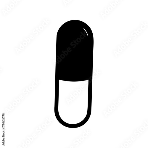 Simple black and white illustration of a medicine capsule on a white background