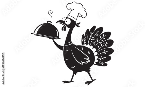 Cartoon turkey chef serving food with a cloche, humorous thanksgiving culinary illustration
