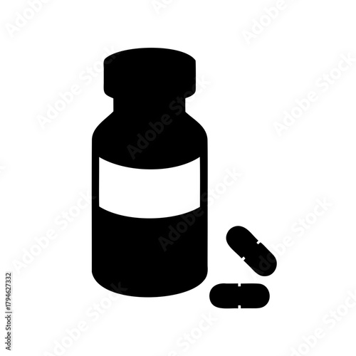 Black and white image of a pill bottle with medication outside