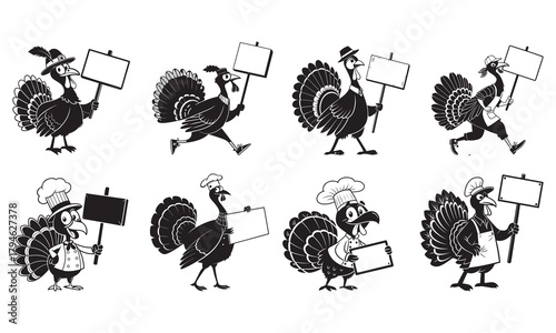 Animated turkeys in pilgrim and chef costumes holding blank signs, isolated vector set
