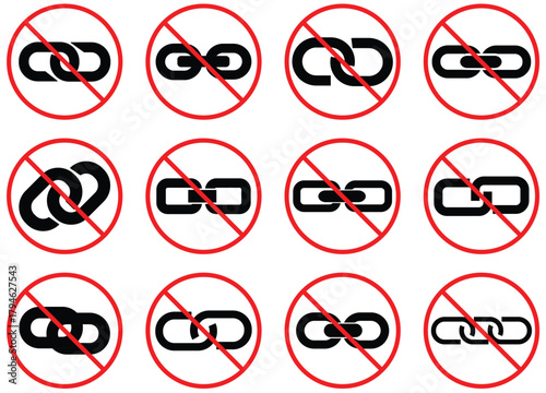 No Links / Chain Prohibition Icon Set – Forbidden, Disconnected and No Access Vector Symbols