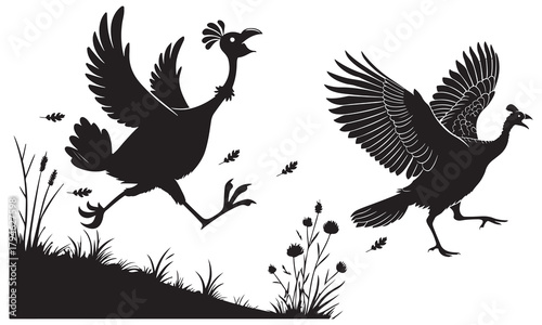 Graphic silhouette illustration of two turkeys running and flying through nature
