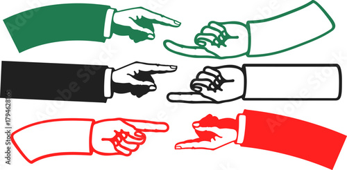 Pointing fingers vector illustration in green black and red colors