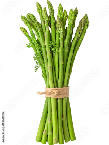 Fresh asparagus tied in bundle isolated on transparent background, perfect for healthy eating and vegetarian food visuals.