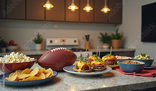 Game day feast: football, nachos, sliders, popcorn, snacks on kitchen counter