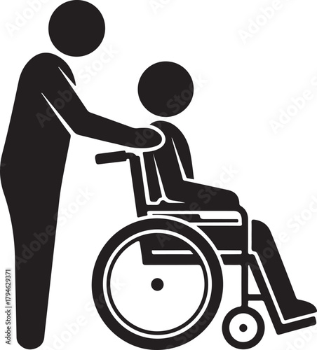 Icon of a person assisting another in a wheelchair, symbolizing care and support