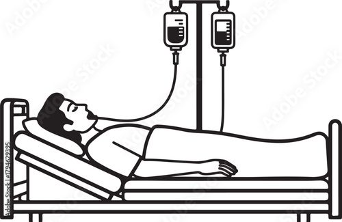 Patient in Hospital Bed Receiving IV Drip Treatment, Medical Care Illustration