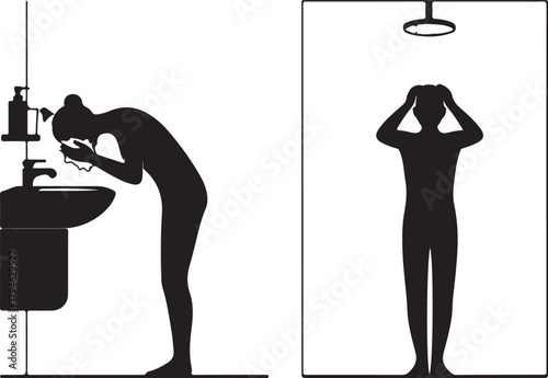Silhouette of Person Washing Face at Sink and Person Showering