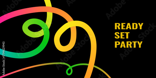 Celebration Ready Set Party Graphic with Colorful Swirls on Black Background