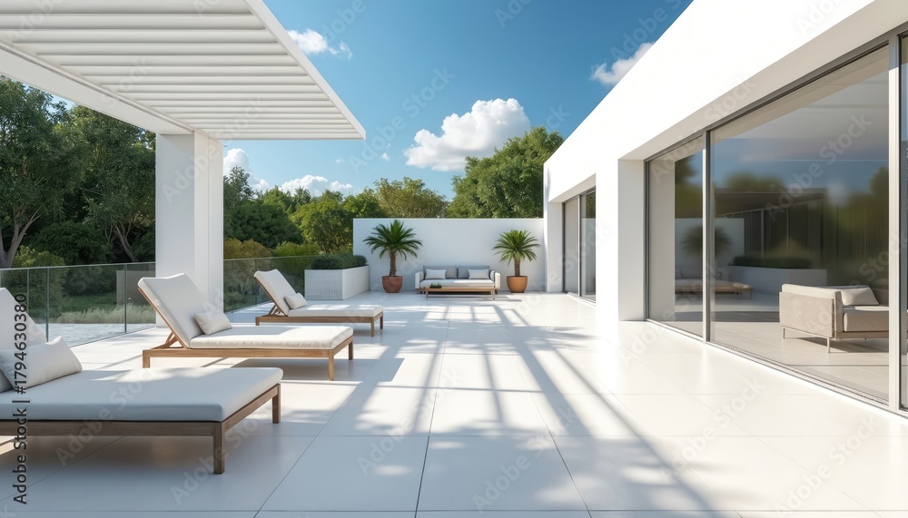 Obraz premium Modern minimalist white patio with loungers and sofa set. Large glass windows reflect green trees and blue sky. Outdoor terrace area has pergolas casting shadows.
