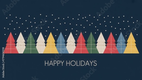 Festive row of colorful, geometric Christmas trees under falling snow with 