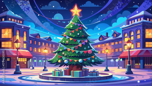 A glowing holiday tree decorated with shimmering ornaments and radiant lights, standing beautifully in the center of a bustling winter square