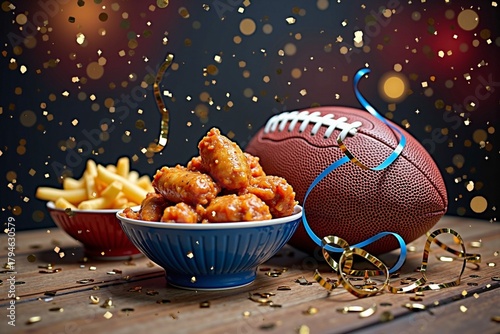 Spicy chicken wings and fries with football on festive table with confetti