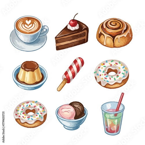 Flat lay illustration of assorted Christmas treats and foods, including desserts and drinks on a clean white background.