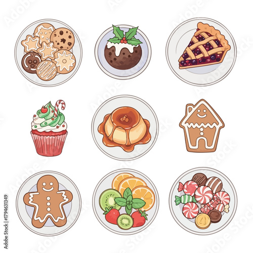 Flat lay illustration of various Christmas treats including cookies, cupcakes, and candies on white background with festive holiday theme.