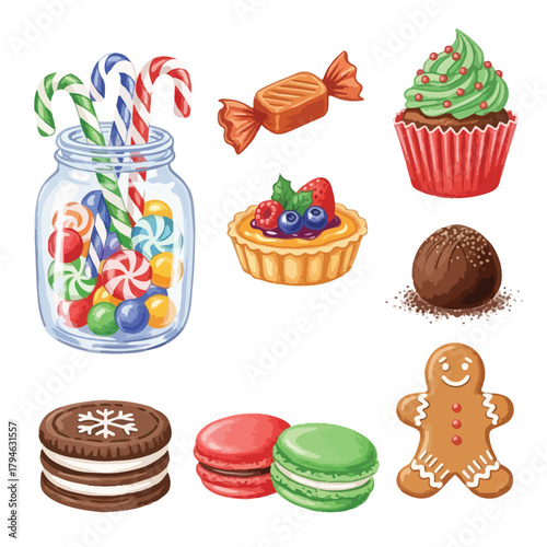 Flat lay of various Christmas treats and sweets, including cookies, candies, and cupcakes, arranged on a clean white background with a festive holiday theme.