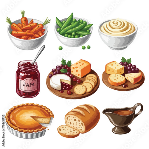 Flat lay illustration of various Christmas foods including cookies, pies, and cheeses on a white background with a festive holiday theme.