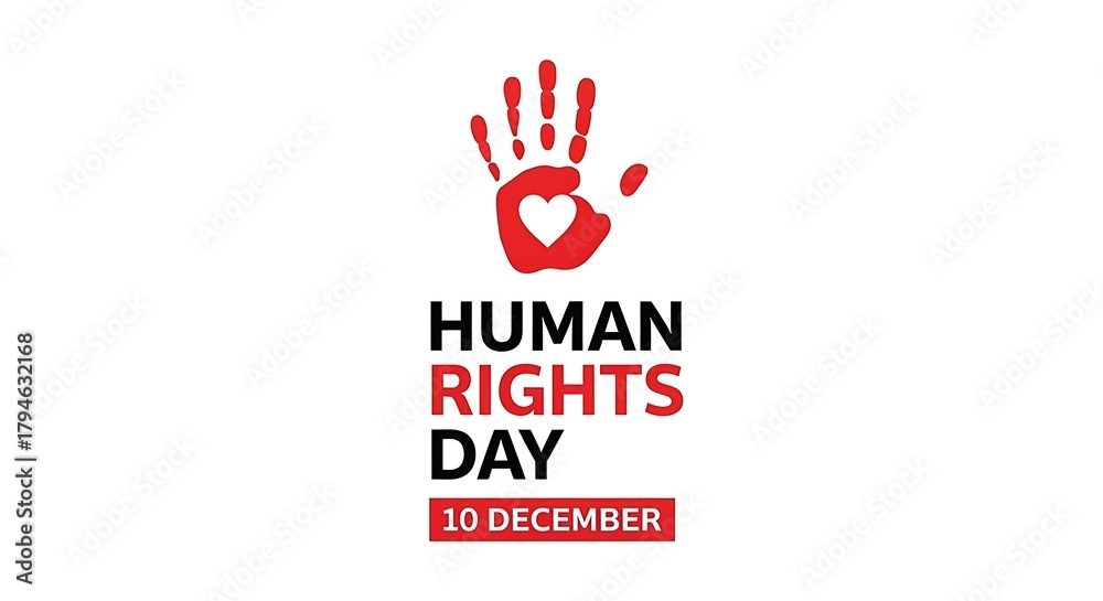 Obraz premium Human rights day with a red handprint and heart on a white background for december tenth event
