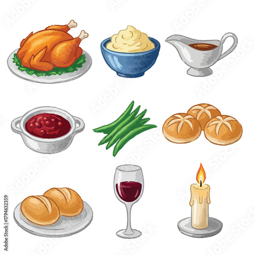 Flat lay illustration of traditional Christmas foods including roasted turkey, mashed potatoes, gravy, cranberry sauce, green beans, dinner rolls, bread, red wine, and a candle on a clean