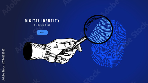 Collage of sketch hand, magnifying glass and fingerprint. Cybersecurity, fintech, banking, cloud services, border control, law legal services, detective concept. Hand drawn vector illustration.