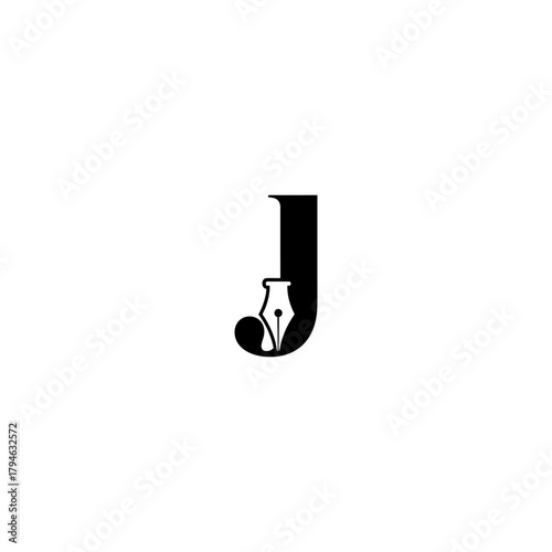Letter j with pen nib icon on white background design concept