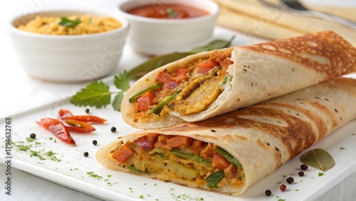 Delicious indian dosa wrap filled with savory ingredients and served with chutney