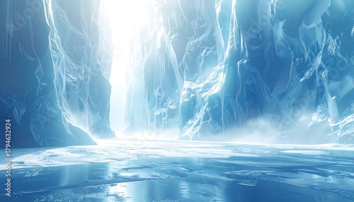 Icy cavern scene, light streams down, reflecting off the smooth, frozen landscape. Atmospheric, ethereal