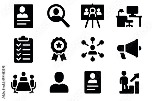 Business icons set teamwork, networking, and achievement in solid style