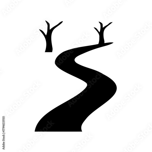 Eerie winding path leading towards barren trees in monochromatic illustration art