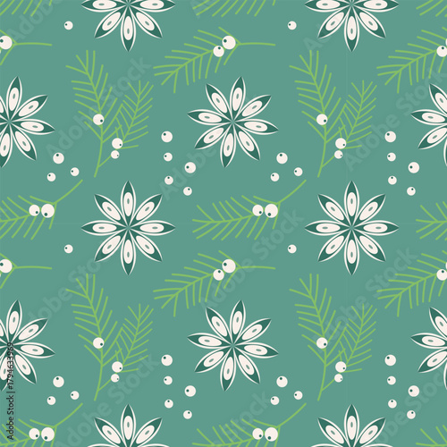 Vibrant winter Christmas pattern with juniper branches and star anise for greeting cards and wrapping paper. Merry Christmas and Happy New Year.