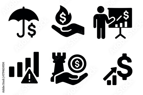 Bold financial growth and strategy icons in minimalist black silhouette style