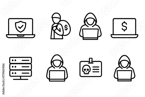 Cybersecurity threats and hacker icons in modern linear style