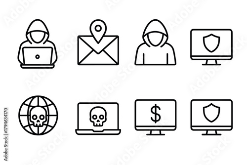 Cybersecurity threats icons hackers, malware, and data protection in linear style