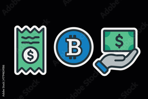Crypto payment icons hand, bitcoin, dollar bill on black background