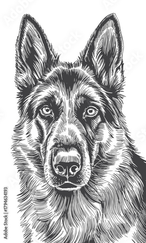 Detailed Black and White German Shepherd Portrait Illustration