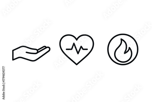 Minimalist icons hand gesture, heartbeat, and flame symbols