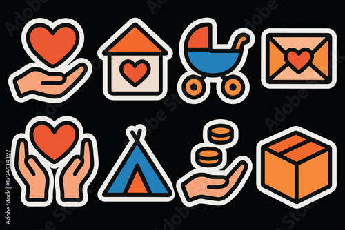 Colorful stickers of love and charity icons on dark background