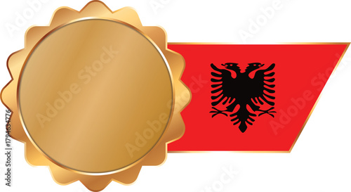 A shiny gold award seal featuring a circular metallic center with a flag of Albania on ribbon with gold outline