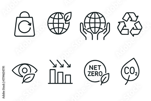 Sustainable environment icons recycling, net zero, and renewable energy in linear style