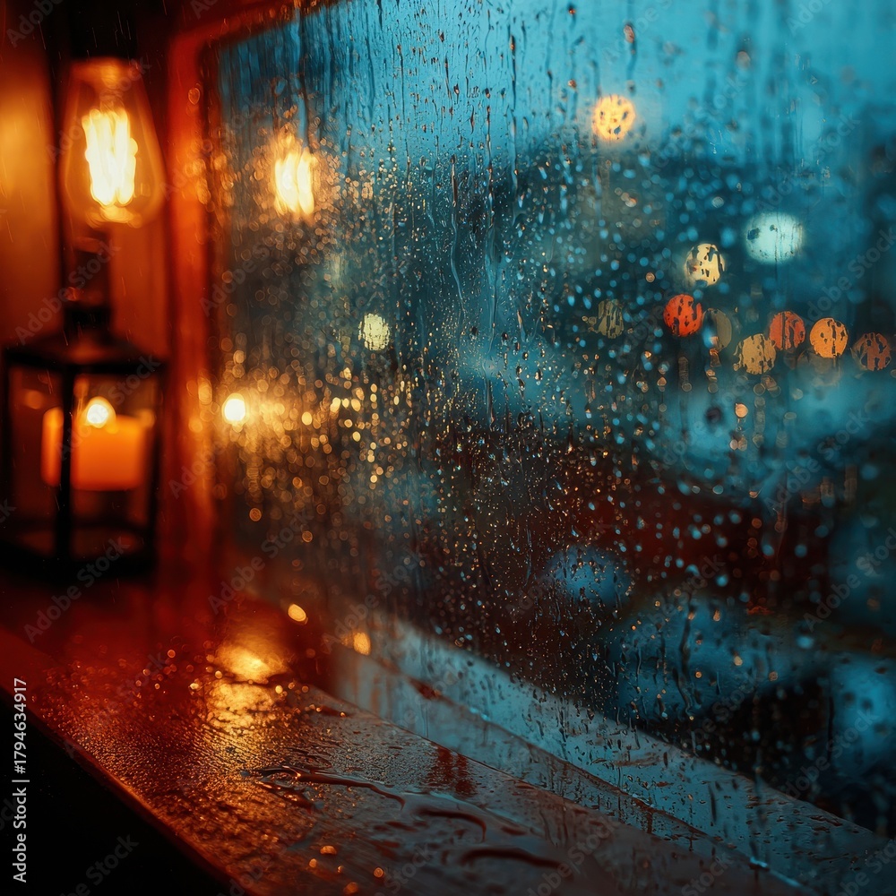 Fototapeta premium Cozy Rainy Night - Warm Lantern Light Reflecting on Wet Window, Bokeh City Lights.