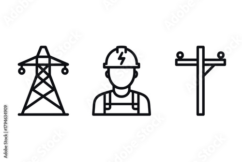 Electricity worker and power line icons in linear style