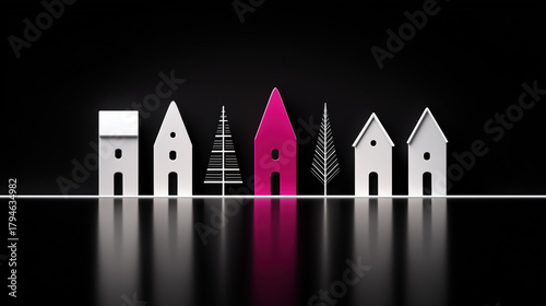 A minimalist Christmas village with modern houses and trees. A stylish holiday scene in pink, white, and black with reflections on a dark background.