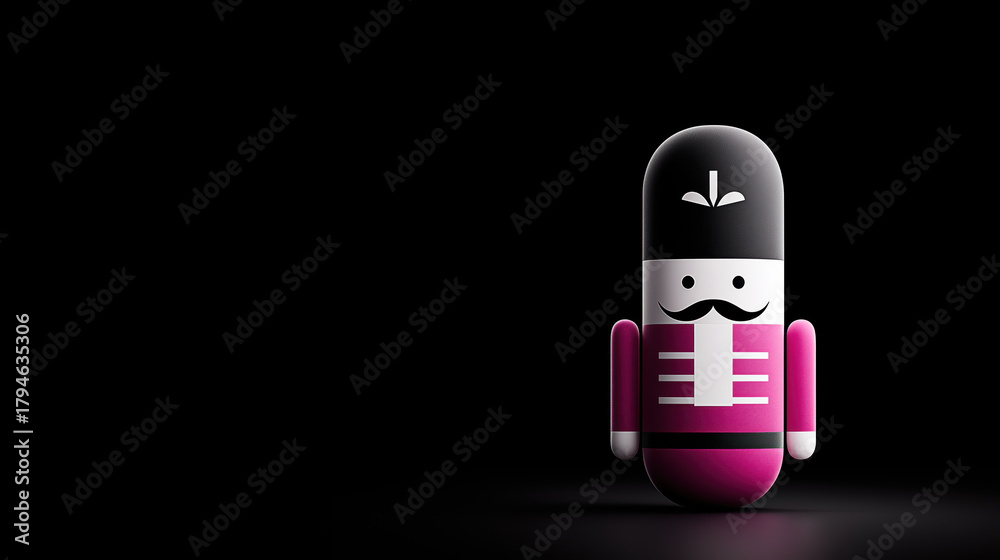 Naklejka premium Modern minimalist nutcracker toy. A cute and stylish Christmas character in pink and black on a dark background banner with copy space.
