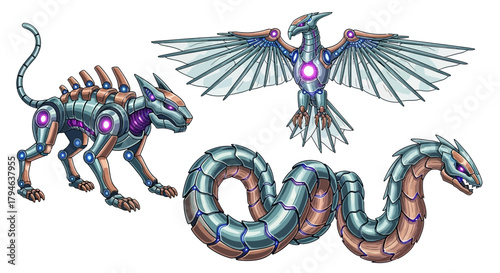 Futuristic robotic animals offer unique designs, mechanical creatures with glowing elements and a sleek, modern aesthetic