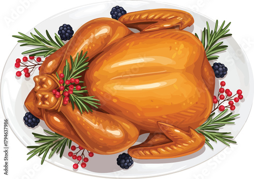 A detailed digital illustration of a whole roasted turkey, glistening with a golden-brown skin speckled with pepper