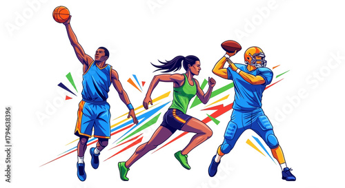 Dynamic athletes showcasing basketball, running, and football action, celebrating sports achievement and fitness