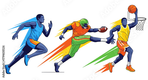 Dynamic athletes in action showcase track, football, and basketball for ultimate sporting excellence and victory