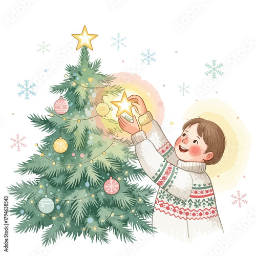 A cheerful young boy decorating a Christmas tree with colorful ornaments and cookies nearby, conveying a joyful and festive mood with a whimsical illustration style.