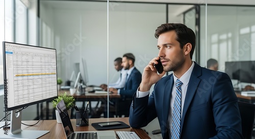 Professional male executive making a business phone call while analyzing data on a computer screen in a contemporary office workspace